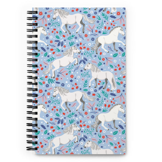 White Ponies In Flowers Spiral Notebook