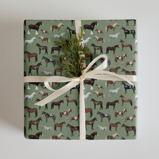 Horse & Pony Breeds on Green Wrapping Paper Sheets