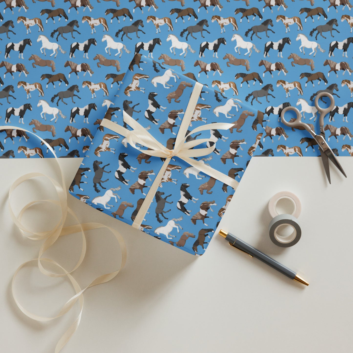Ponies on Blue Wrapping Paper Sheets