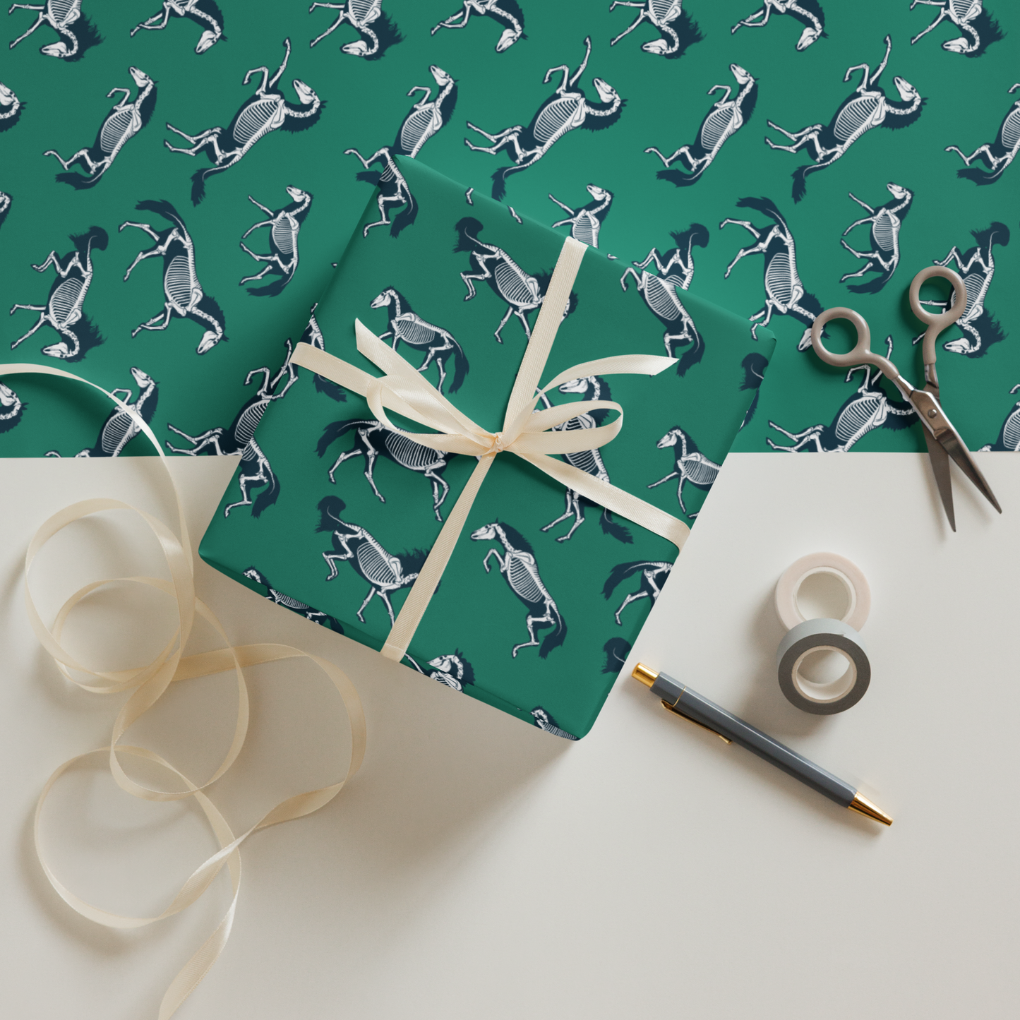 Horse Skeletons Navy & Green Wrapping Paper Sheets